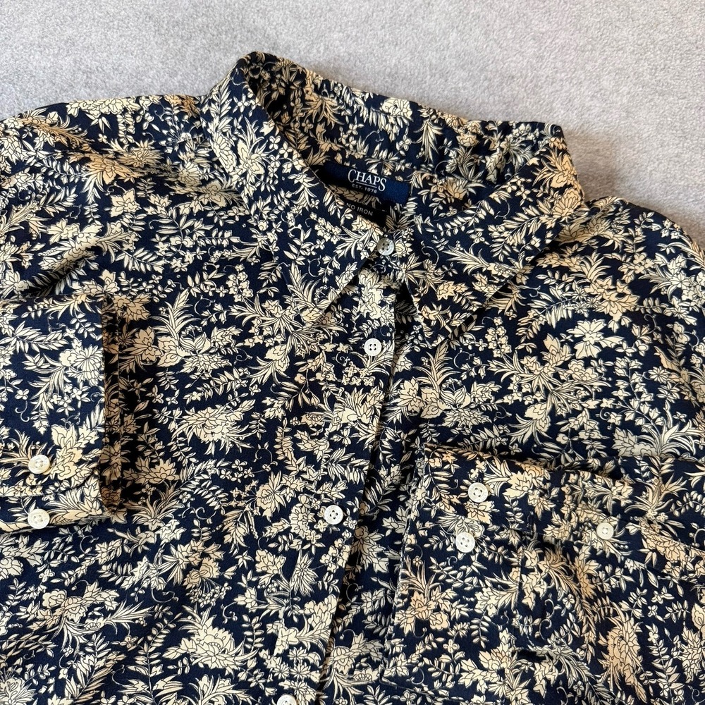 Chaps Mens 2XL Floral Button Down Shirt Blue Tan Cotton Classic Fit No Iron‎